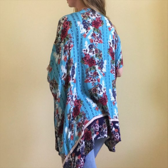 Long Boho Floral Kimono Blue and Pink - Picture 2 of 4